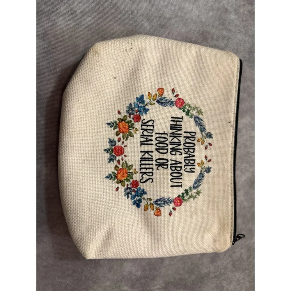 Beige & Black Floral Fabric Zipper Makeup Bag 